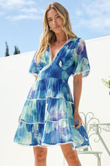 Marion Mini Dress - Lace Trim Tiered Dress with Flutter Sleeves in Aurea Print