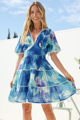 Marion Mini Dress - Lace Trim Tiered Dress with Flutter Sleeves in Aurea Print
