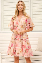 Marion Mini Dress - Lace Trim Tiered Dress with Flutter Sleeves in Lucy Print