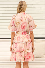 Marion Mini Dress - Lace Trim Tiered Dress with Flutter Sleeves in Lucy Print