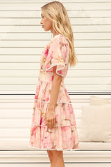 Marion Mini Dress - Lace Trim Tiered Dress with Flutter Sleeves in Lucy Print