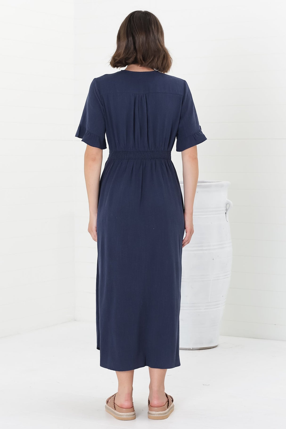 Marisol Midi Dress - V-Neck Linen Blend Button Down Dress in Navy