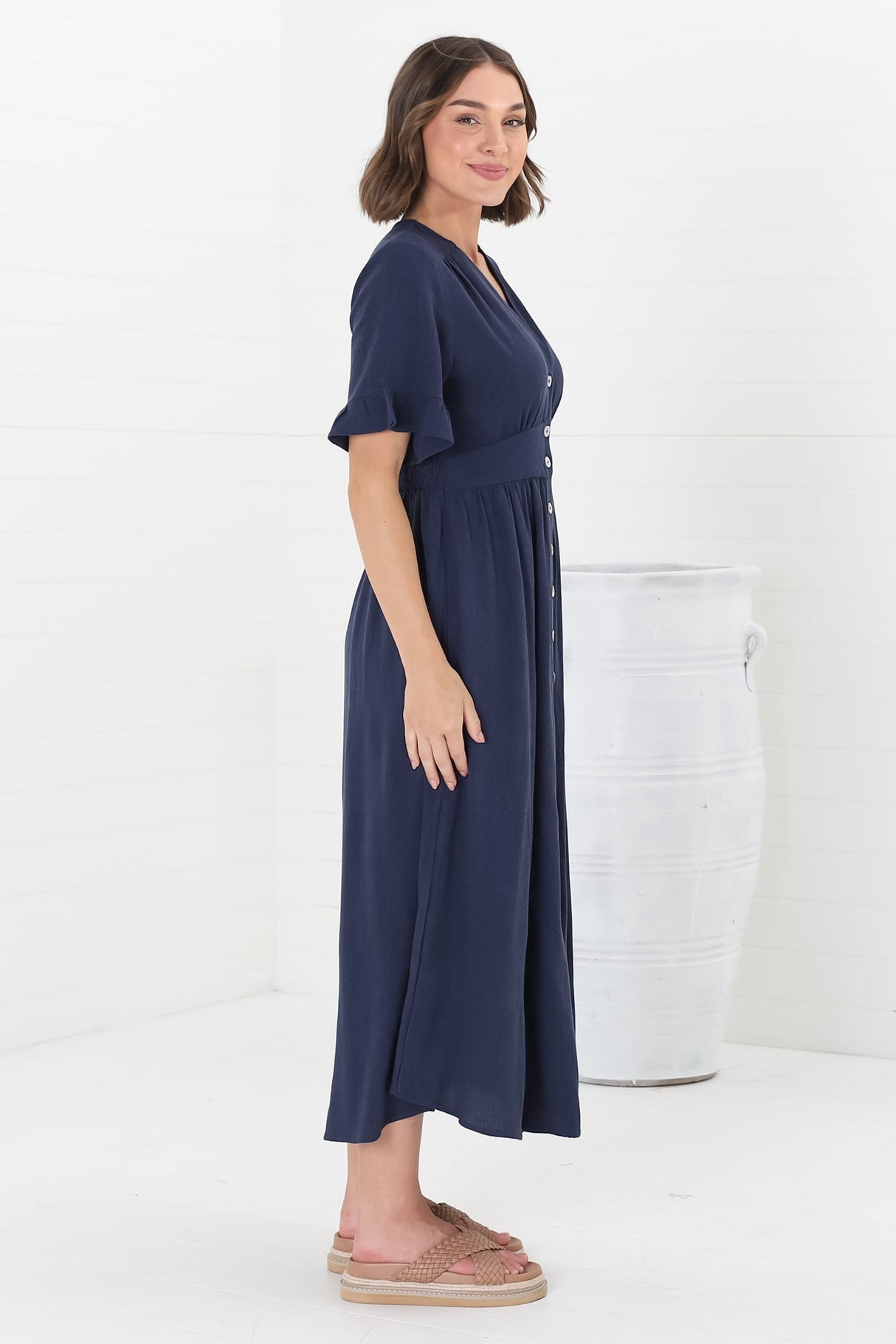 Marisol Midi Dress - V-Neck Linen Blend Button Down Dress in Navy