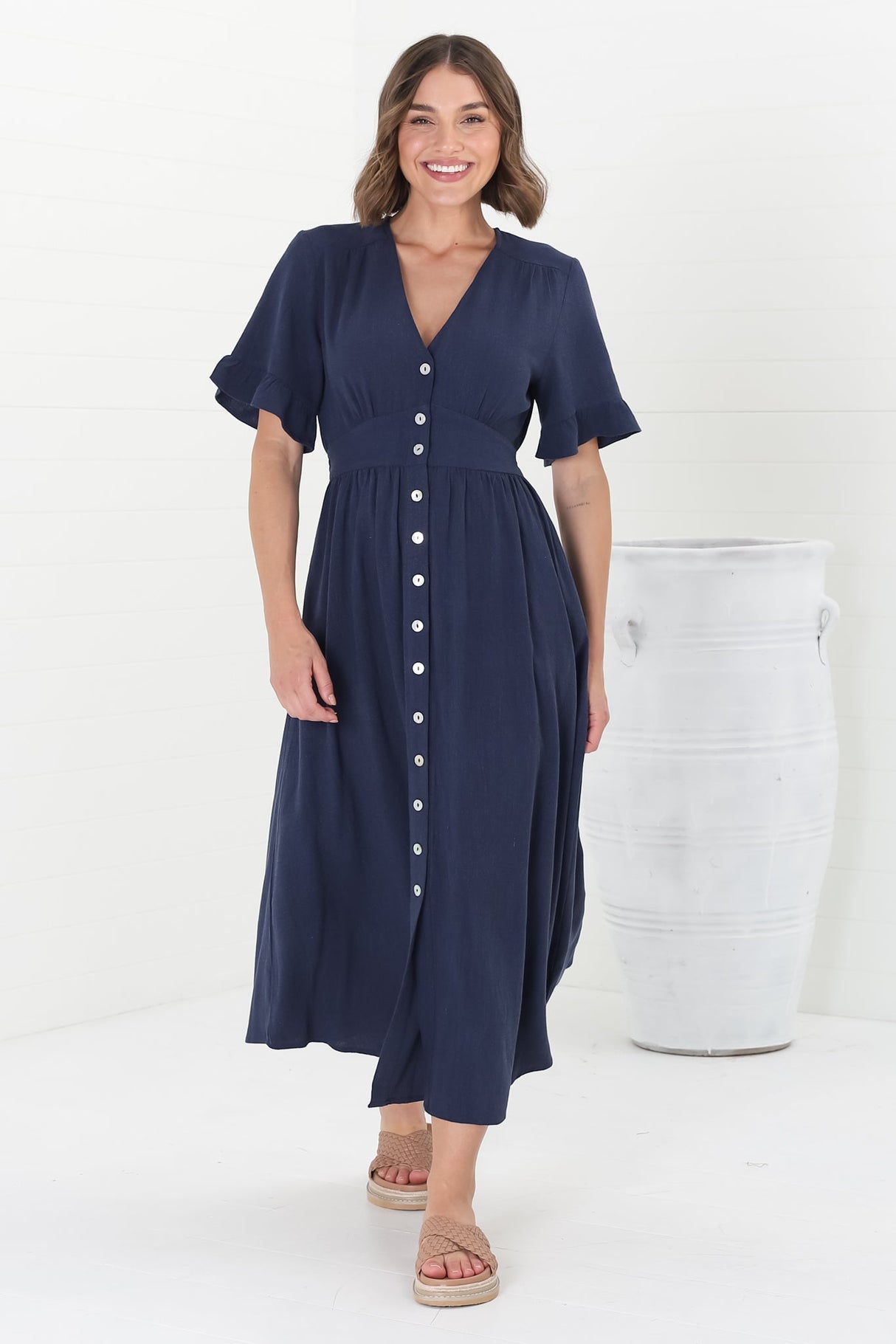 Marisol Midi Dress - V-Neck Linen Blend Button Down Dress in Navy