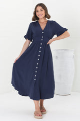 Marisol Midi Dress - V-Neck Linen Blend Button Down Dress in Navy