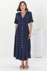 Marisol Midi Dress - V-Neck Linen Blend Button Down Dress in Navy