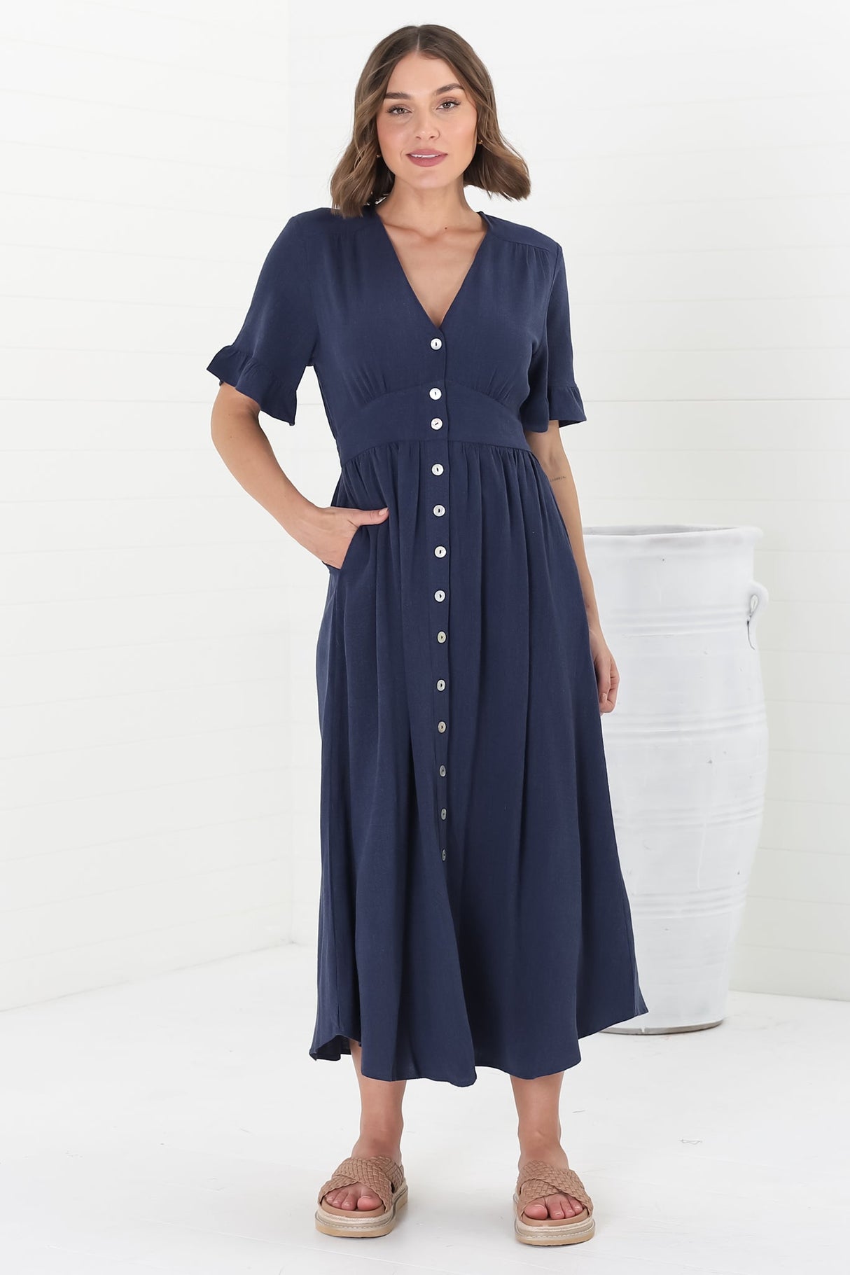 Marisol Midi Dress - V-Neck Linen Blend Button Down Dress in Navy