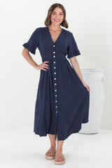 Marisol Midi Dress - V-Neck Linen Blend Button Down Dress in Navy