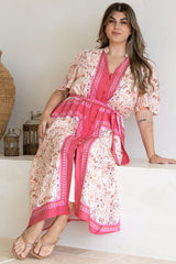Marissa Midi Dress - Mandarin Collar Button Down Short Sleeve Dress in Thabita Print Pink