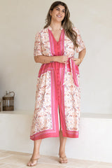 Marissa Midi Dress - Mandarin Collar Button Down Short Sleeve Dress in Thabita Print Pink