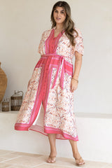 Marissa Midi Dress - Mandarin Collar Button Down Short Sleeve Dress in Thabita Print Pink
