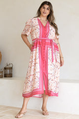 Marissa Midi Dress - Mandarin Collar Button Down Short Sleeve Dress in Thabita Print Pink