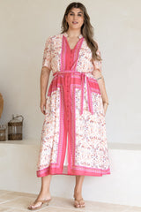 Marissa Midi Dress - Mandarin Collar Button Down Short Sleeve Dress in Thabita Print Pink