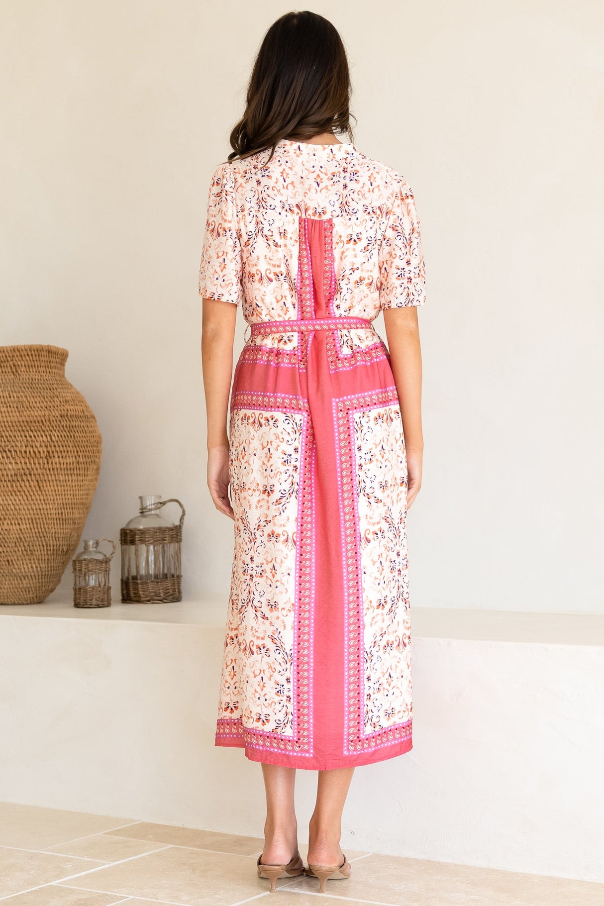 Marissa Midi Dress - Mandarin Collar Button Down Short Sleeve Dress in Thabita Print Pink