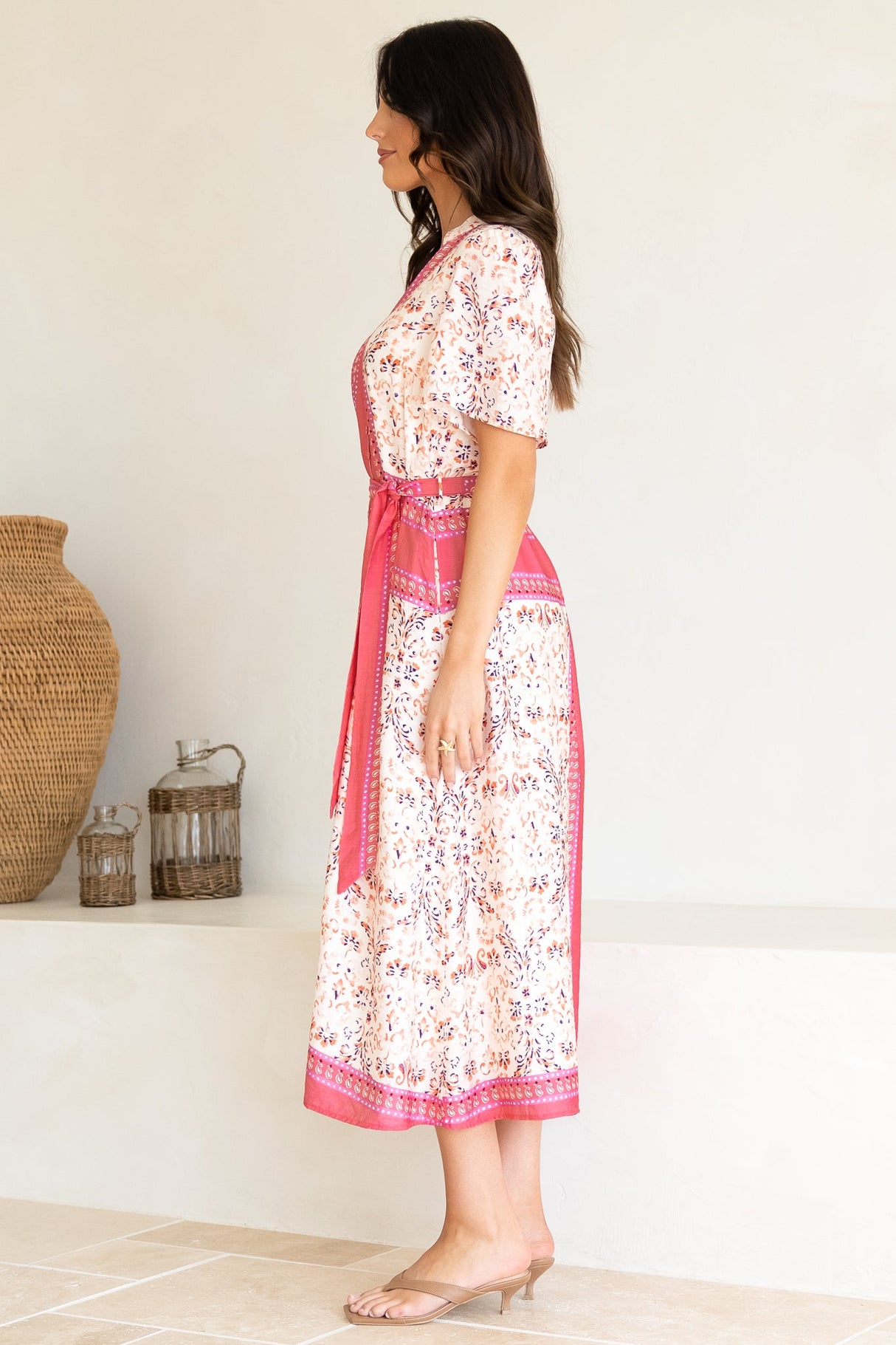 Marissa Midi Dress - Mandarin Collar Button Down Short Sleeve Dress in Thabita Print Pink