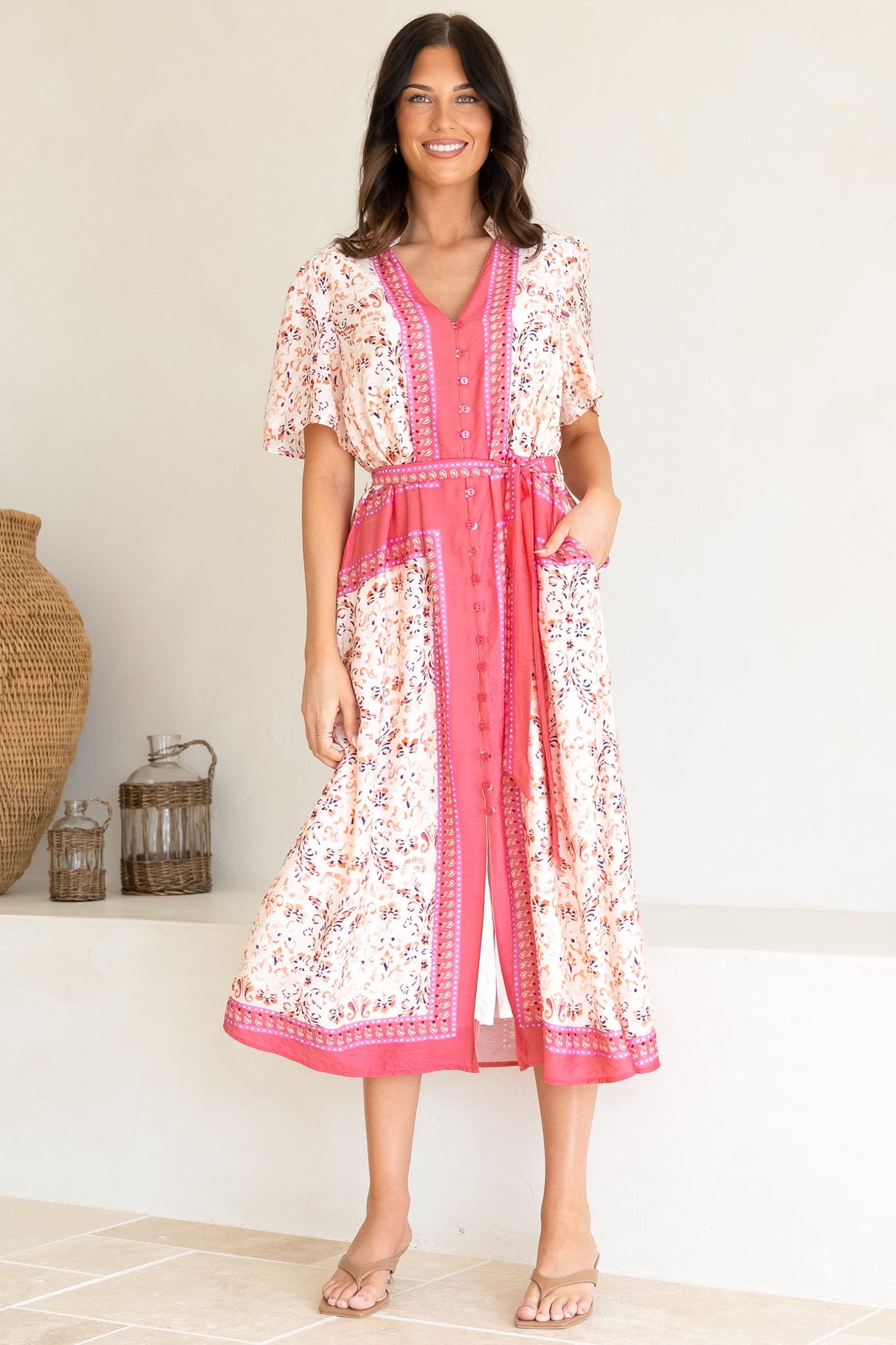 Marissa Midi Dress - Mandarin Collar Button Down Short Sleeve Dress in Thabita Print Pink