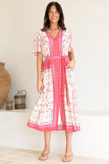 Marissa Midi Dress - Mandarin Collar Button Down Short Sleeve Dress in Thabita Print Pink