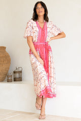 Marissa Midi Dress - Mandarin Collar Button Down Short Sleeve Dress in Thabita Print Pink