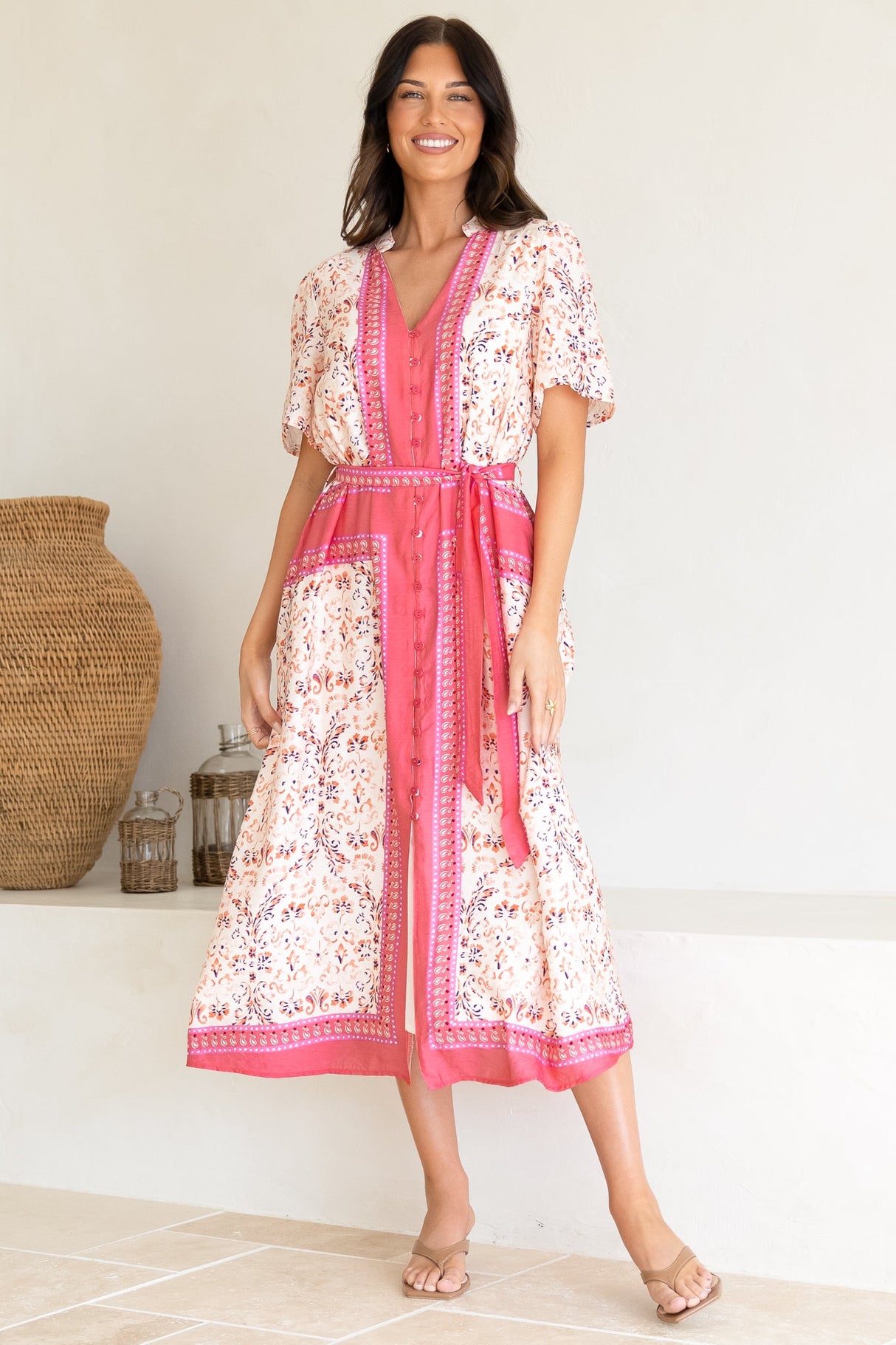 Marissa Midi Dress - Mandarin Collar Button Down Short Sleeve Dress in Thabita Print Pink