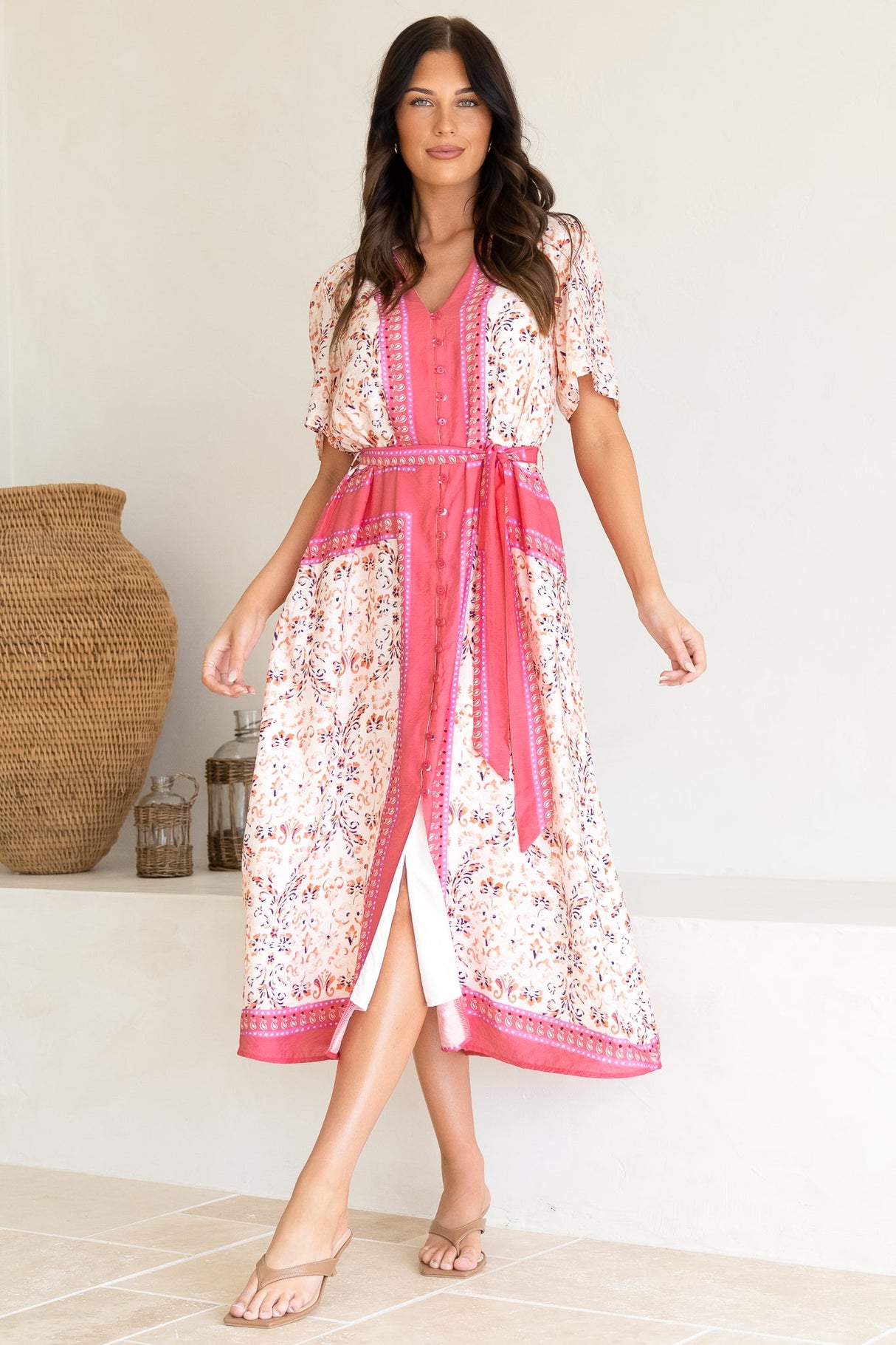Marissa Midi Dress - Mandarin Collar Button Down Short Sleeve Dress in Thabita Print Pink