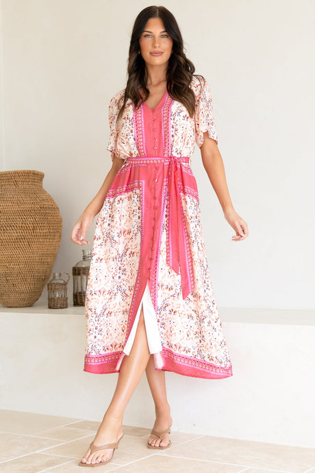 Marissa Midi Dress - Mandarin Collar Button Down Short Sleeve Dress in Thabita Print Pink