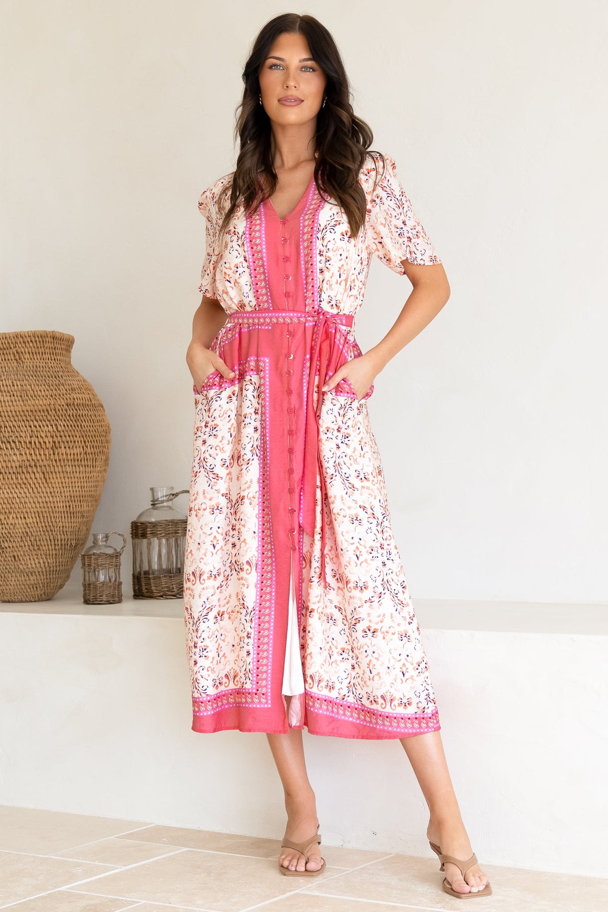 Marissa Midi Dress - Mandarin Collar Button Down Short Sleeve Dress in Thabita Print Pink