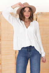 Marjorye Linen Blouse - Pleating Bodice Details Blouse With Long Sleeves In White