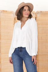 Marjorye Linen Blouse - Pleating Bodice Details Blouse With Long Sleeves In White