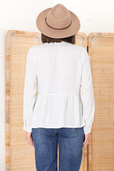 Marjorye Linen Blouse - Pleating Bodice Details Blouse With Long Sleeves In White