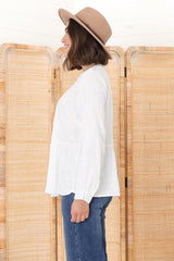 Marjorye Linen Blouse - Pleating Bodice Details Blouse With Long Sleeves In White