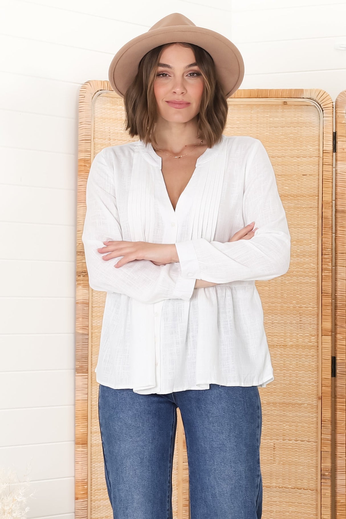 Marjorye Linen Blouse - Pleating Bodice Details Blouse With Long Sleeves In White