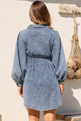 Marlana Mini Dress - Wing Collar A-Line Button Down Denim Dress in Mid Denim Wash
