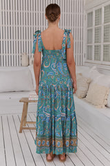 JAASE - Marley Maxi Dress: Tie on Shoulder Straps Tiered A Line Dress in Ventura Print