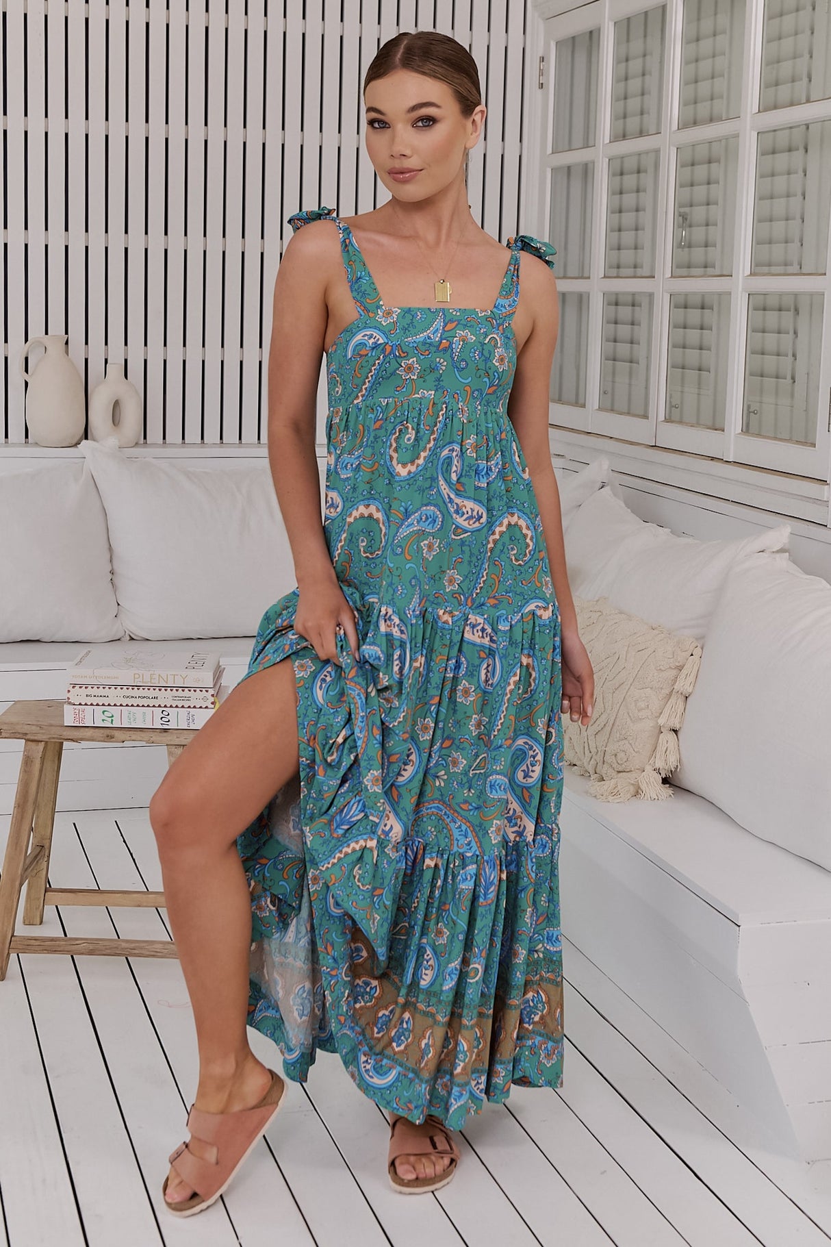 JAASE - Marley Maxi Dress: Tie on Shoulder Straps Tiered A Line Dress in Ventura Print