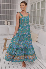 JAASE - Marley Maxi Dress: Tie on Shoulder Straps Tiered A Line Dress in Ventura Print