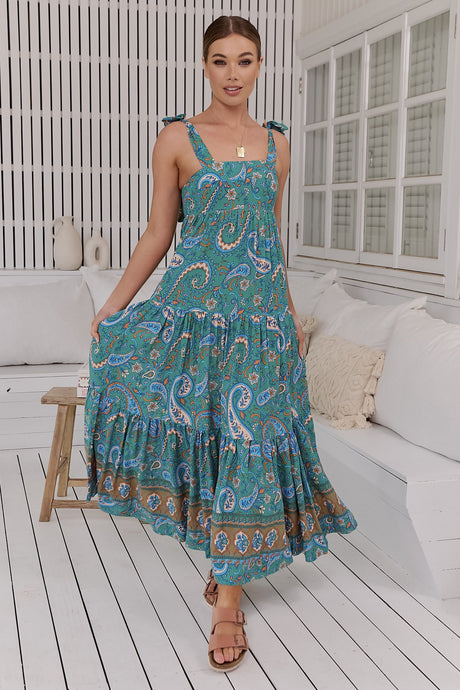 JAASE - Marley Maxi Dress: Tie on Shoulder Straps Tiered A Line Dress in Ventura Print