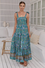 JAASE - Marley Maxi Dress: Tie on Shoulder Straps Tiered A Line Dress in Ventura Print