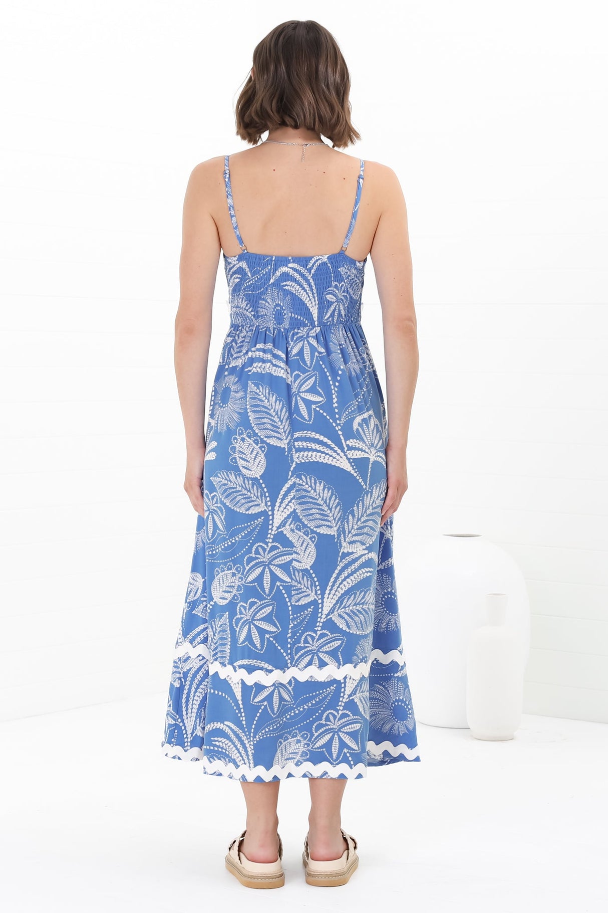 Marlin Midi Dress - Rick Rack Splicing Sun Dress with Adjustable Straps in Havanna Print Blue