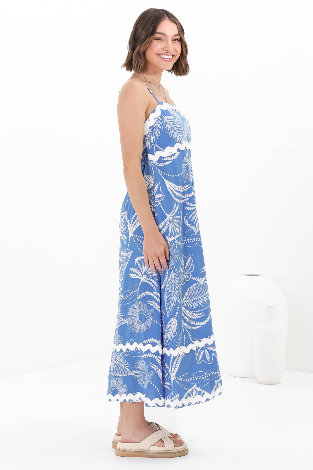 Marlin Midi Dress - Rick Rack Splicing Sun Dress with Adjustable Straps in Havanna Print Blue