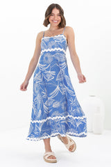 Marlin Midi Dress - Rick Rack Splicing Sun Dress with Adjustable Straps in Havanna Print Blue