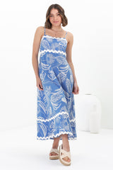 Marlin Midi Dress - Rick Rack Splicing Sun Dress with Adjustable Straps in Havanna Print Blue