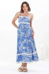 Marlin Midi Dress - Rick Rack Splicing Sun Dress with Adjustable Straps in Havanna Print Blue