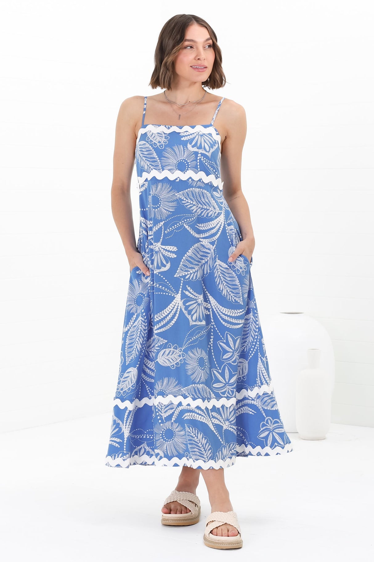 Marlin Midi Dress - Rick Rack Splicing Sun Dress with Adjustable Straps in Havanna Print Blue