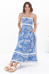 Marlin Midi Dress - Rick Rack Splicing Sun Dress with Adjustable Straps in Havanna Print Blue