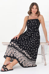 Marlin Midi Dress - Rick Rack Splicing Sun Dress with Adjustable Straps in Valia Print Black