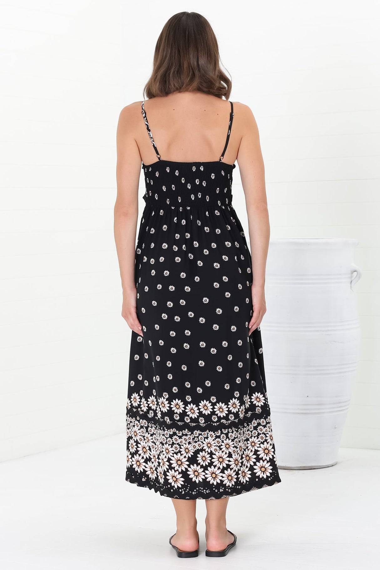 Marlin Midi Dress - Rick Rack Splicing Sun Dress with Adjustable Straps in Valia Print Black