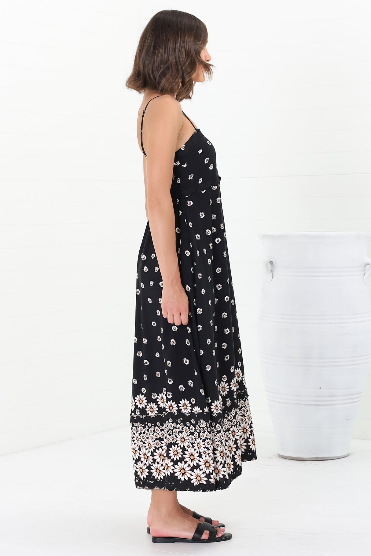 Marlin Midi Dress - Rick Rack Splicing Sun Dress with Adjustable Straps in Valia Print Black