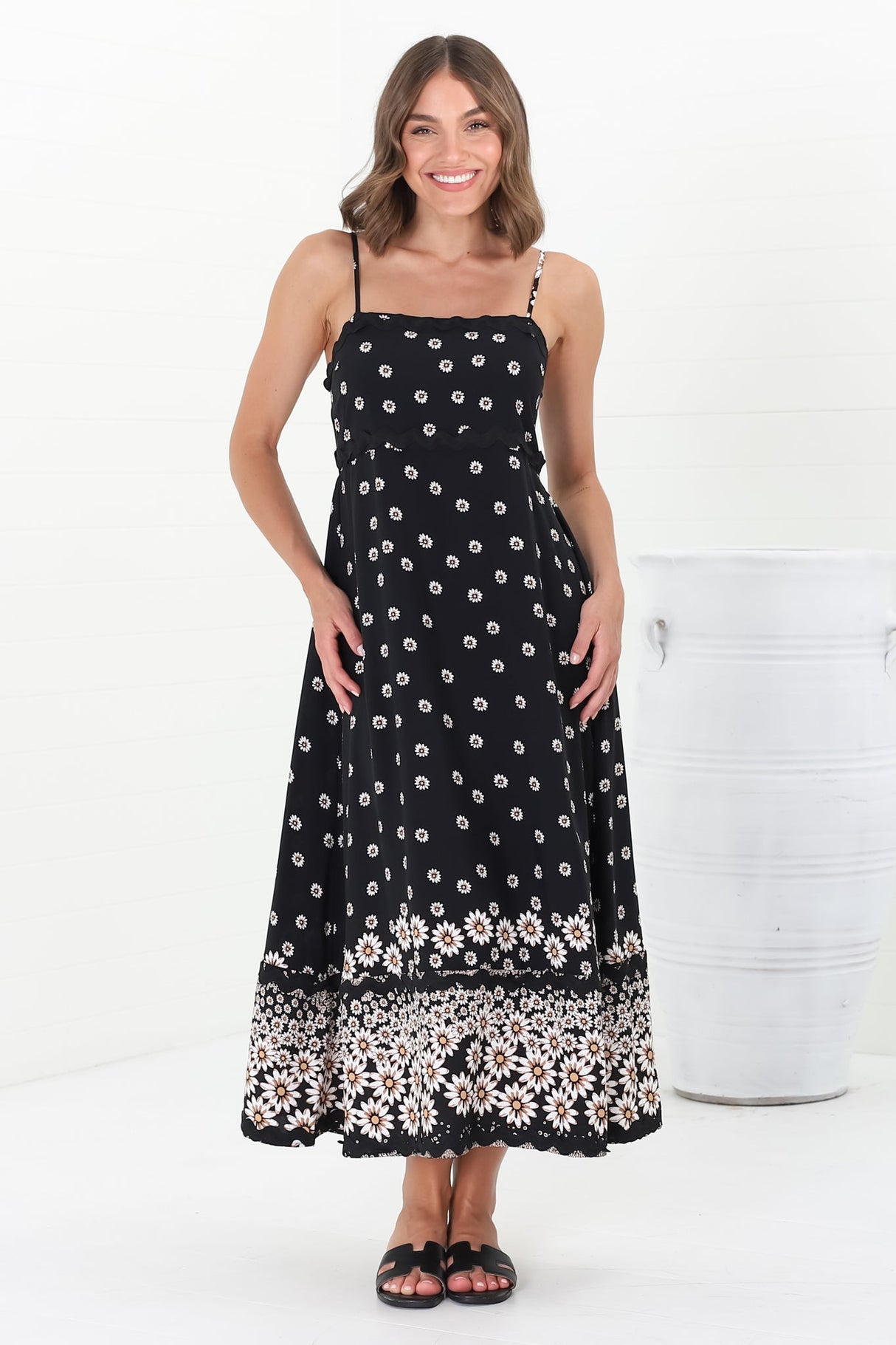 Marlin Midi Dress - Rick Rack Splicing Sun Dress with Adjustable Straps in Valia Print Black