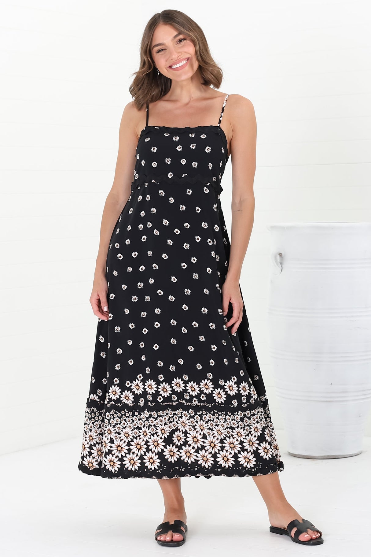 Marlin Midi Dress - Rick Rack Splicing Sun Dress with Adjustable Straps in Valia Print Black