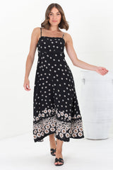 Marlin Midi Dress - Rick Rack Splicing Sun Dress with Adjustable Straps in Valia Print Black